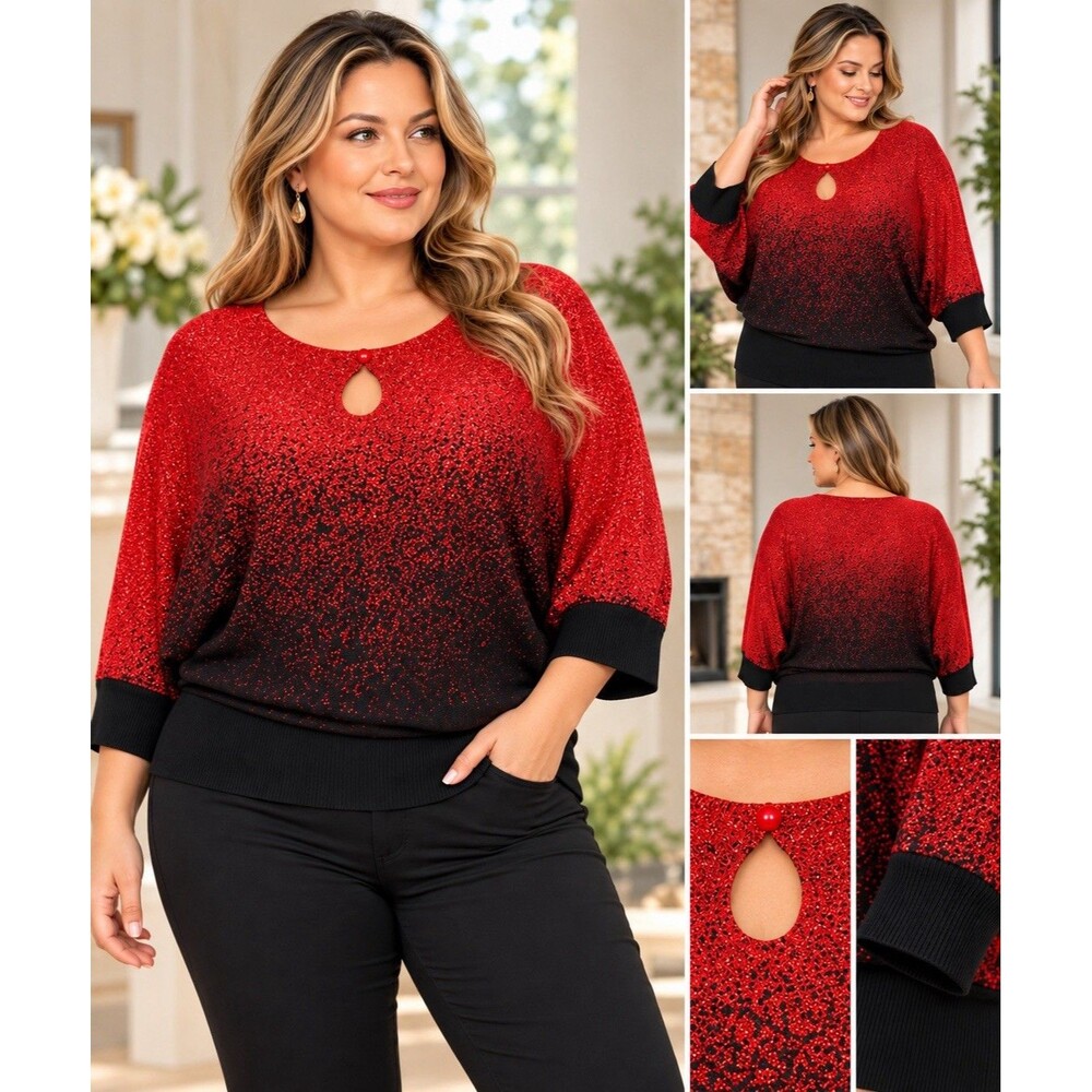Coral Bay Women’s Sweater Red And Black Ombré Glitter Knit Size 1X
